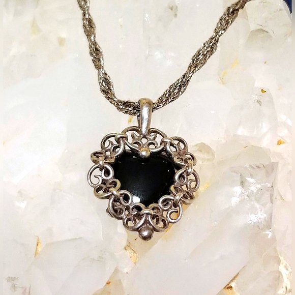 Vintage Jewelry - Vintage Sterling Heart Onyx Pendant on Italian Silver Chain Necklace